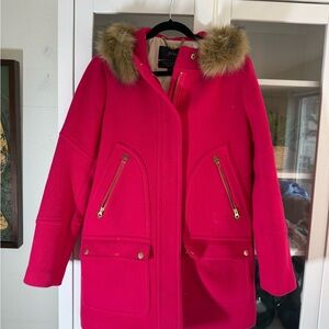 J. Crew Bright Pink Wool Pea Coat with Faux Fur Hood Trim